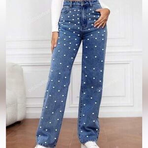Blue high waisted Jeans with Pearl Embellishments